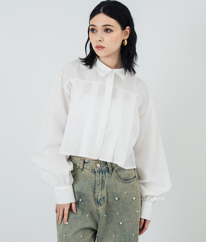 ボリュームスリーブ クロップド プリーツ シャツ ブラウス 793-9231
