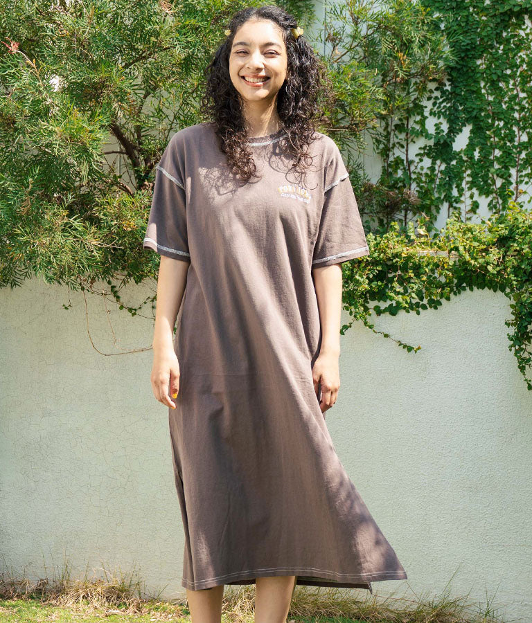 配色ステッチ ロゴ 半袖 マキシ ロング Tシャツ ワンピース 857-5932
