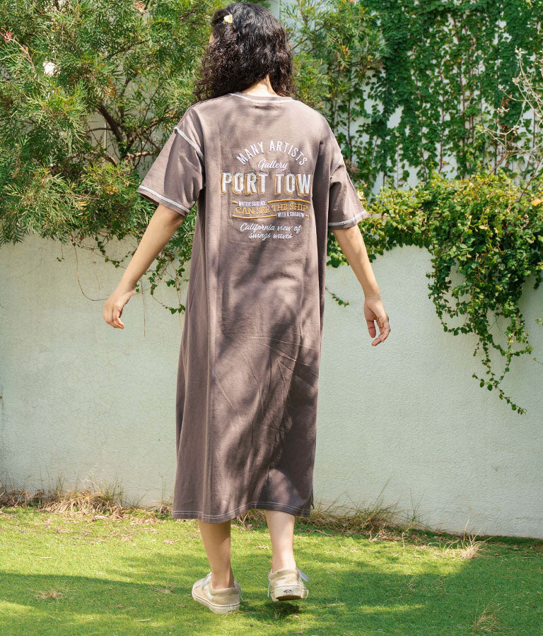 配色ステッチ ロゴ 半袖 マキシ ロング Tシャツ ワンピース 857-5932