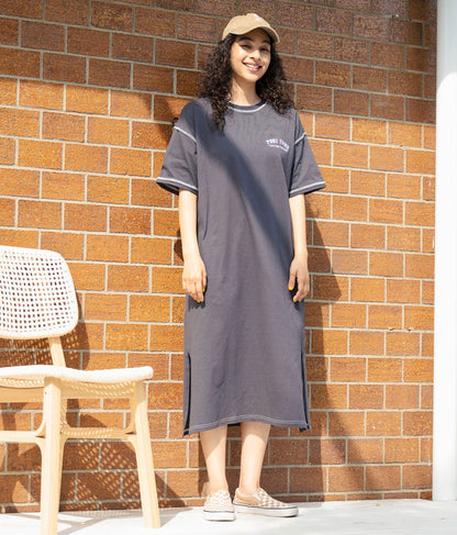 配色ステッチ ロゴ 半袖 マキシ ロング Tシャツ ワンピース 857-5932