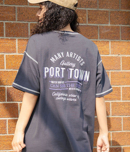 配色ステッチ ロゴ 半袖 マキシ ロング Tシャツ ワンピース 857-5932