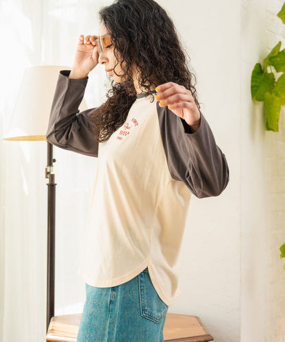 配色 ラグラン ワンポイント 刺繍 ロングスリーブ Tシャツ 853-5951