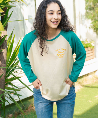 配色 ラグラン ワンポイント 刺繍 ロングスリーブ Tシャツ 853-5951
