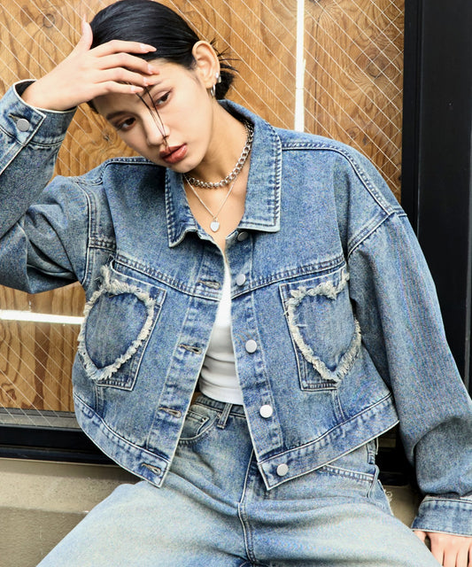 ハートフリンジ パッチポケット クロップド デニム ジャケット 795-9388