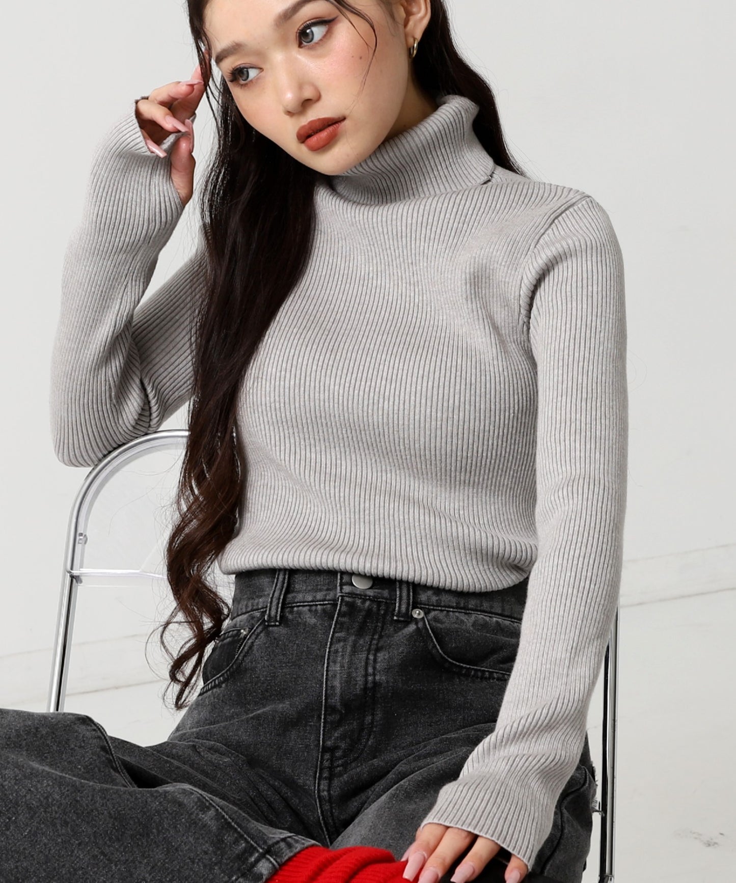 タトールネック リブ ニット トップス 153-5965