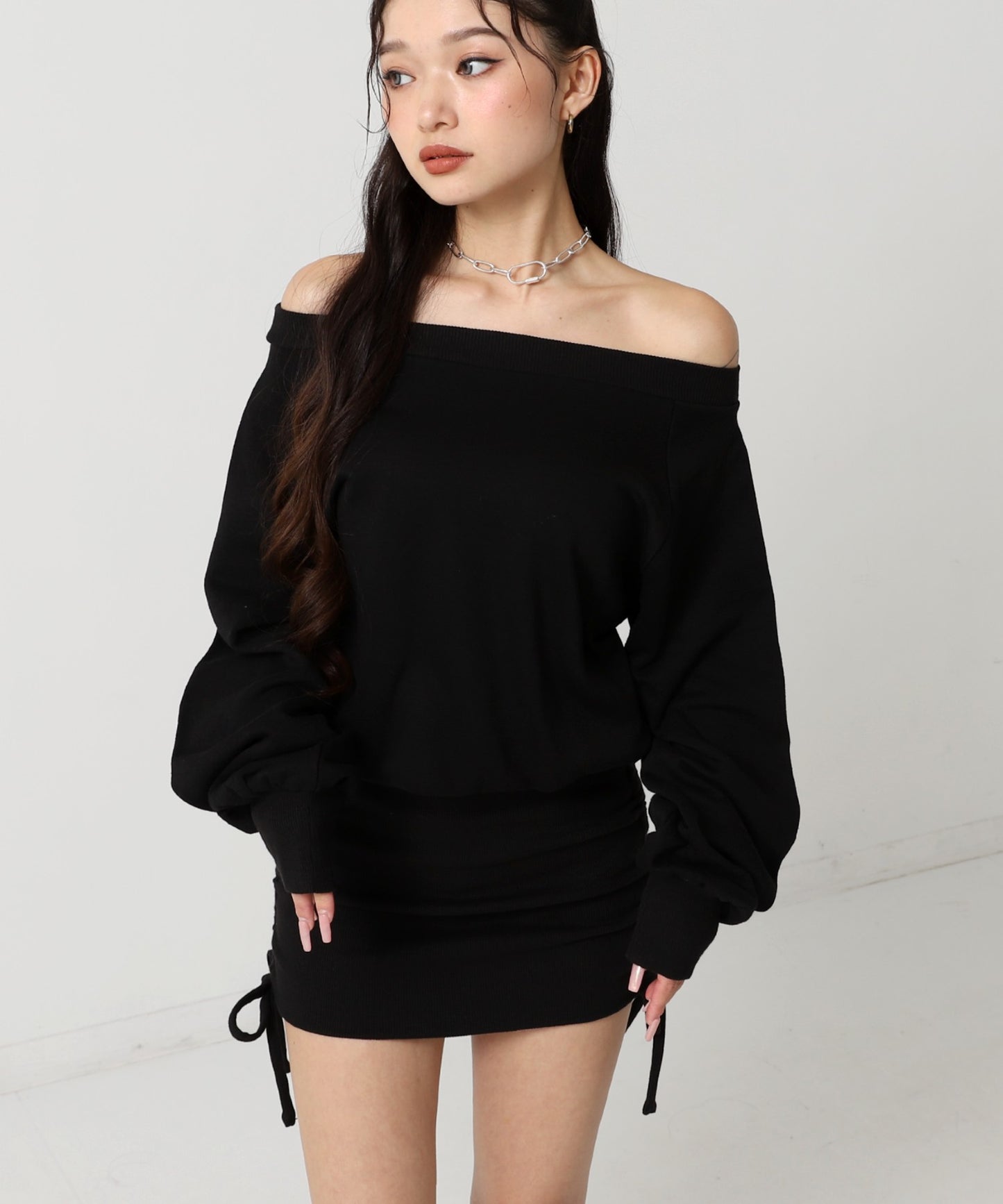 裏毛 オフショルダー サイドギャザー ミニ スウェット ワンピース 797-9394