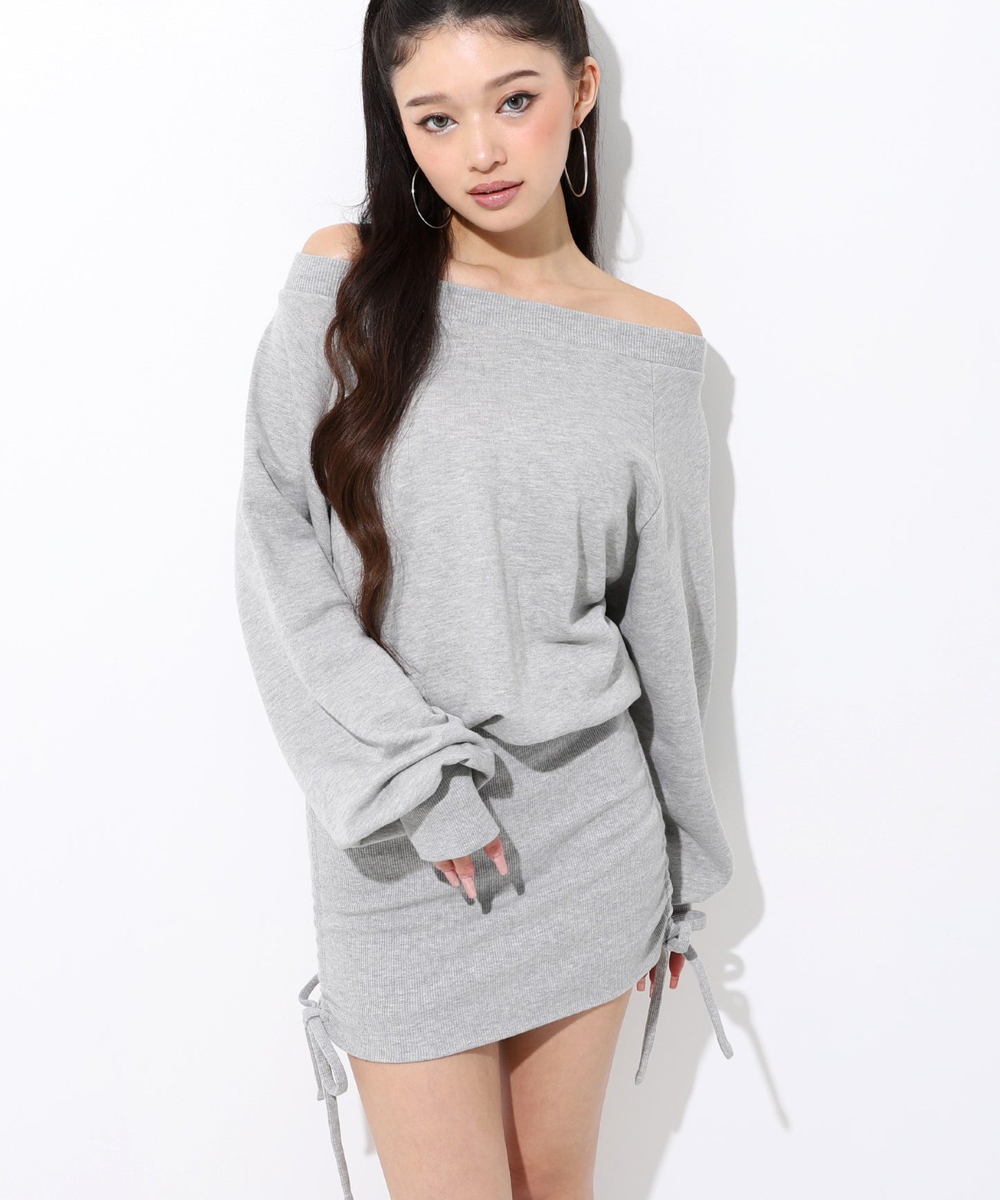 裏毛 オフショルダー サイドギャザー ミニ スウェット ワンピース 797-9394