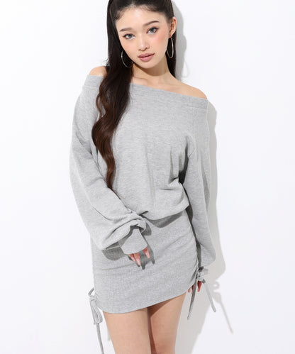 裏毛 オフショルダー サイドギャザー ミニ スウェット ワンピース 797-9394