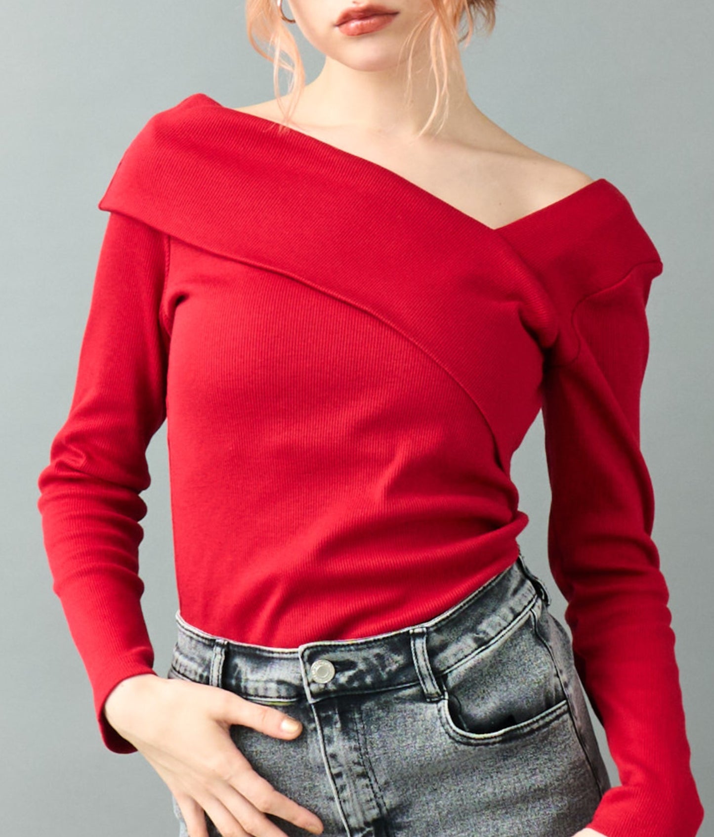 変形デザイン リブ ロングスリーブ トップス 793-9351