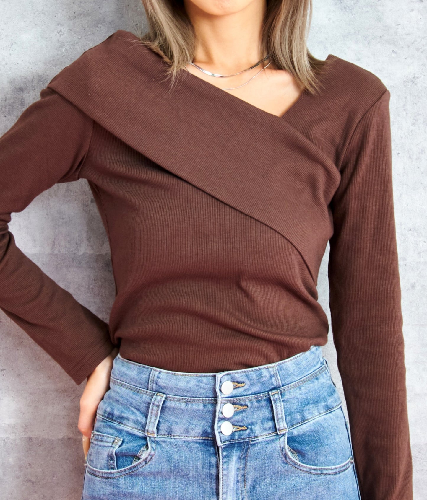 変形デザイン リブ ロングスリーブ トップス 793-9351